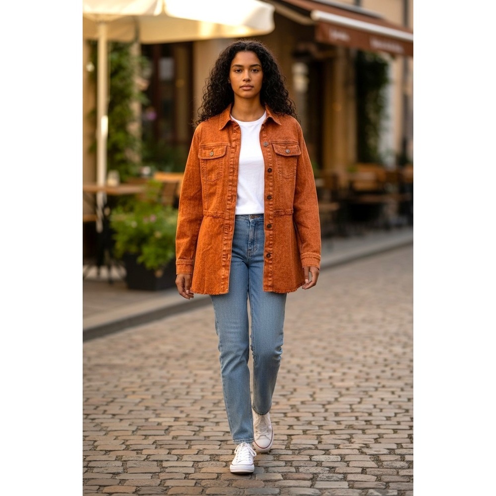 (F-153)LOGO Denim Lori Goldstein Peplum Denim Jacket Orange Wash Button Front S